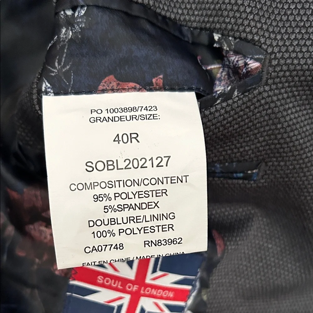 Soul of London Men’s Blazer in Gray and Black, Elbow Patches, Size 40R